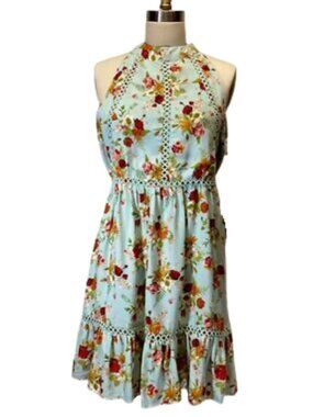 Mint Floral Halter Maxi Dress Lace Trim Tiered Boho Cottagecore Derby